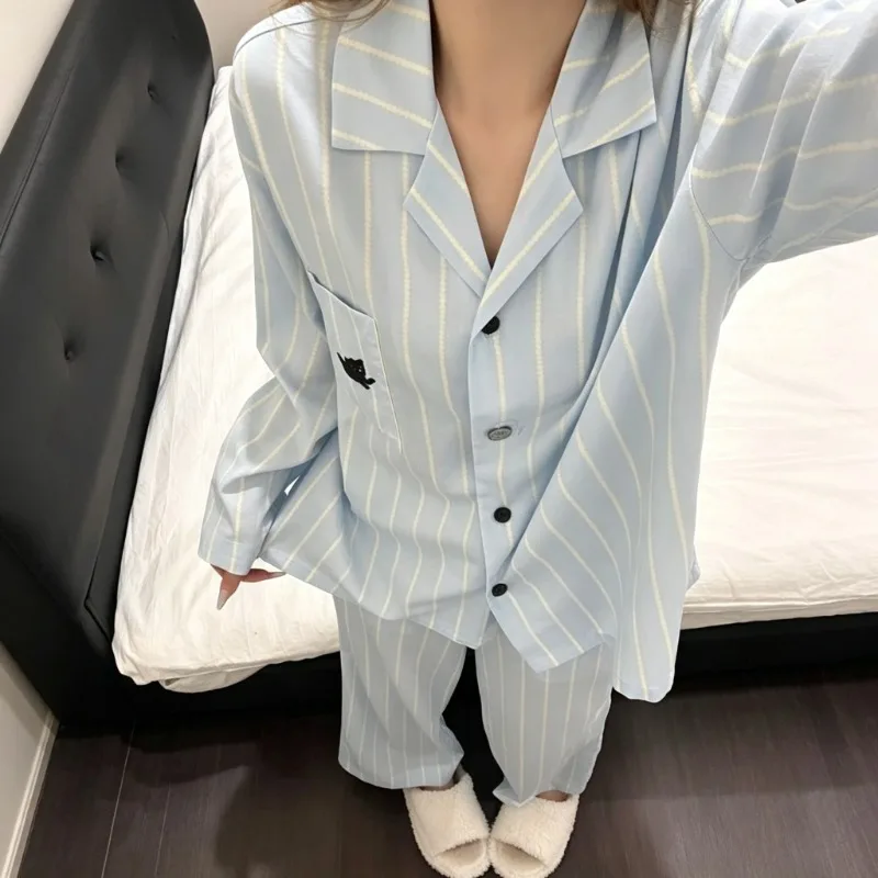 Sweet Striped Pajama Set Women Autumn Cat Graphic Print Lapel Collar Long Sleeve 2Pcs Home Loungewear Casual Sleep Suit Ladies