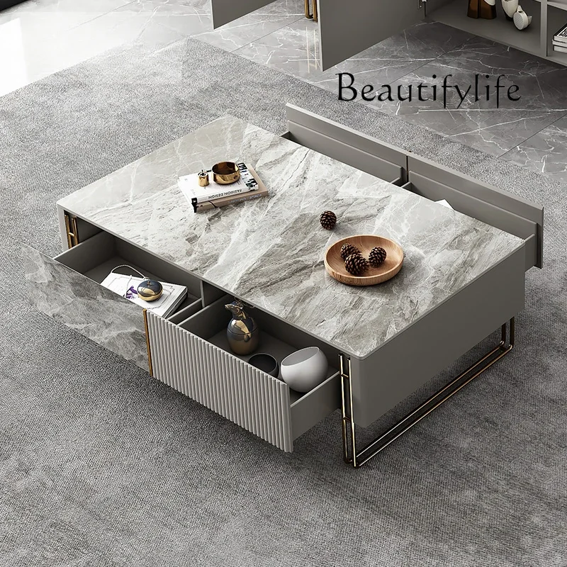 

Italian Style Light Luxury Solid Wood Stone Plate Coffee Table Modern Minimalist Living Room Designer Creative Tea Table