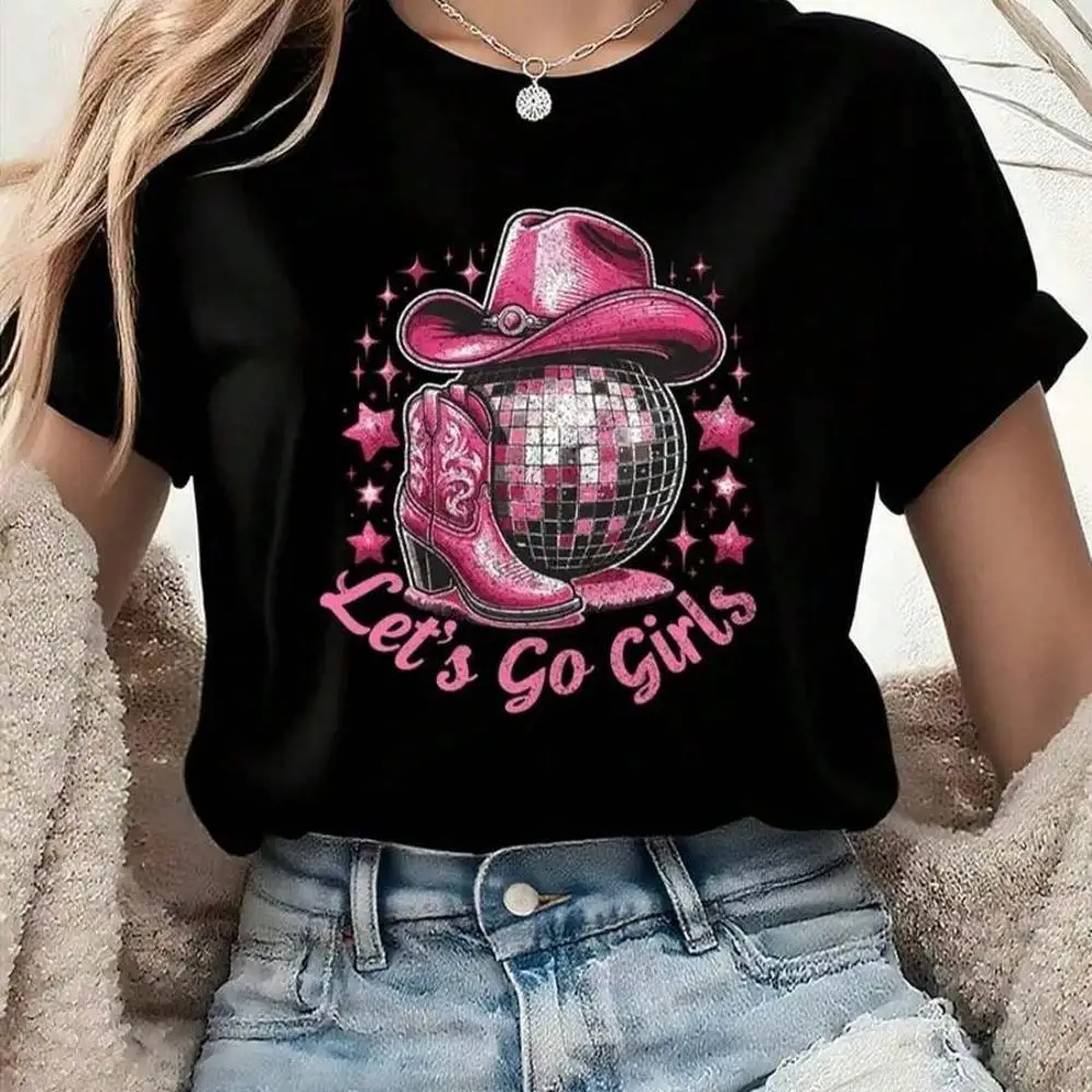 2026100% Cotton Women S Western Cowgirl Graphic T-Shirt - Let S Go Pink Cowboy Boots Design - Lightweight Everyday Party Outfit - Non-See-Through