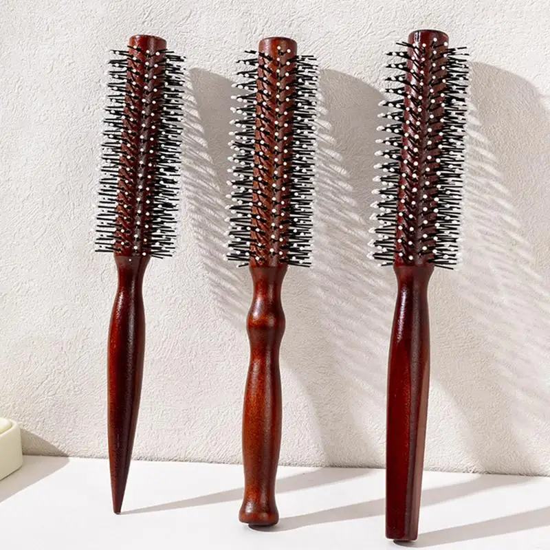 

Anti-Static Wooden Handle Salon Styling Drying Tool Round Hairdressing Curling Massage Roller Comb For Real Hair Wigs Barber
