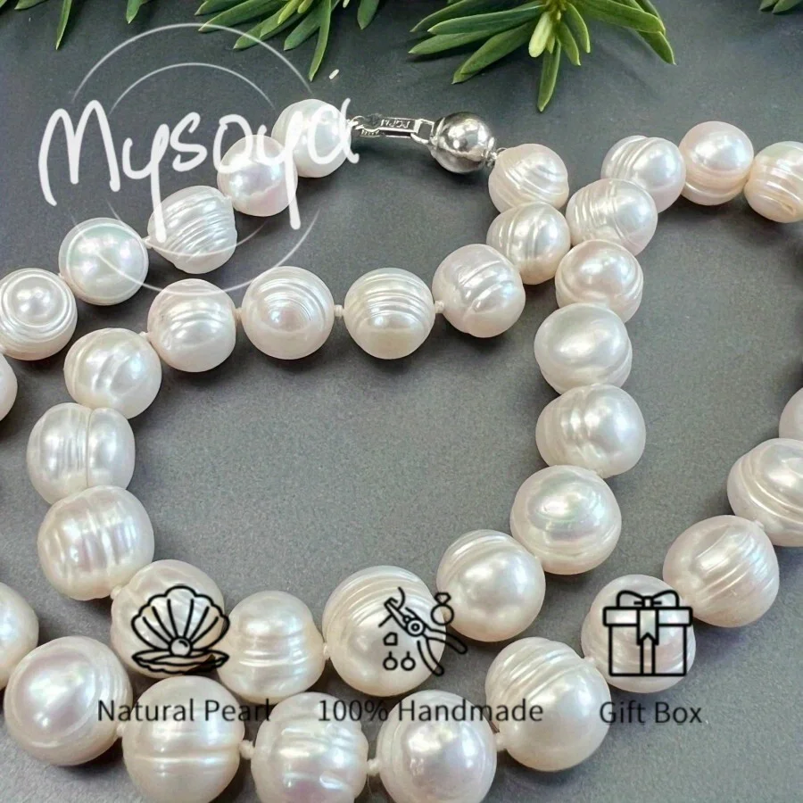 

MYSOYA 10-11mm Natural White Black Textured Freshwater Pearl Necklace For Women And Men With Gift Box Birthday Wedding Gift
