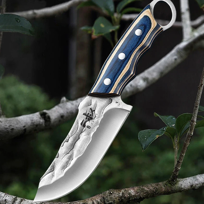 1PC 9.3 inch, kitchen multi-purpose knife, 4mm blue wood handle, for outdoor kitchen, camping camping barbecue straight knife