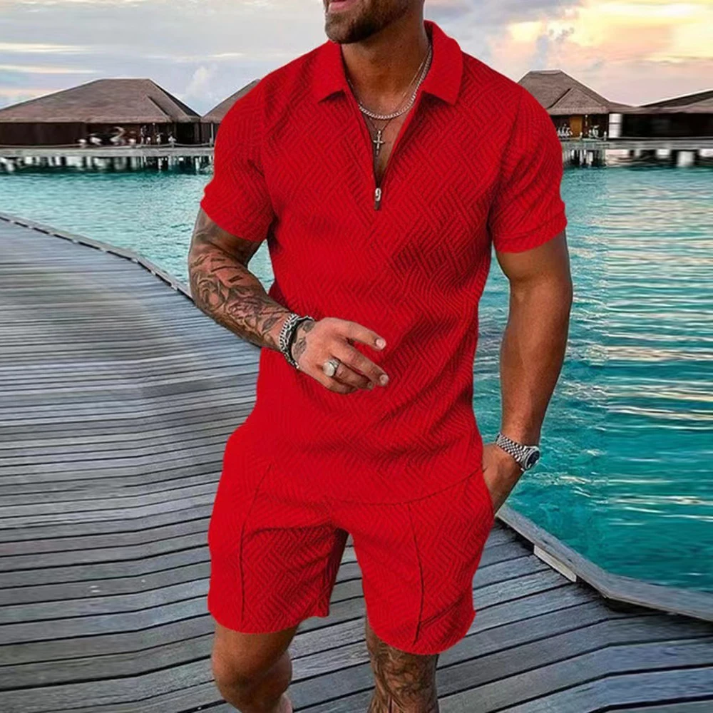 Men\'s Athletic T-Shirt Set Casual Mesh Lapel Short Sleeve Pullover Tops+Shorts 2-Piece Solid Thin Sporty Suits Black 2pcs Sets