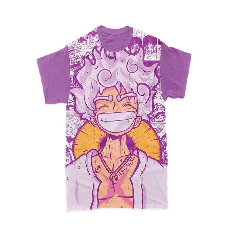 Pink Demon Character Back Printed Black T-shirt Japanese Anime Street Fashion Casual Short Sleeved Top