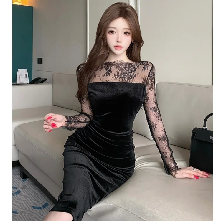 Ele Sexy un solo hombro encaje empalme adelgazante ceñido al cuerpo Dr Otoño Invierno nuevo Sle largo Sve cintura alta vestido de noche de terciopelo