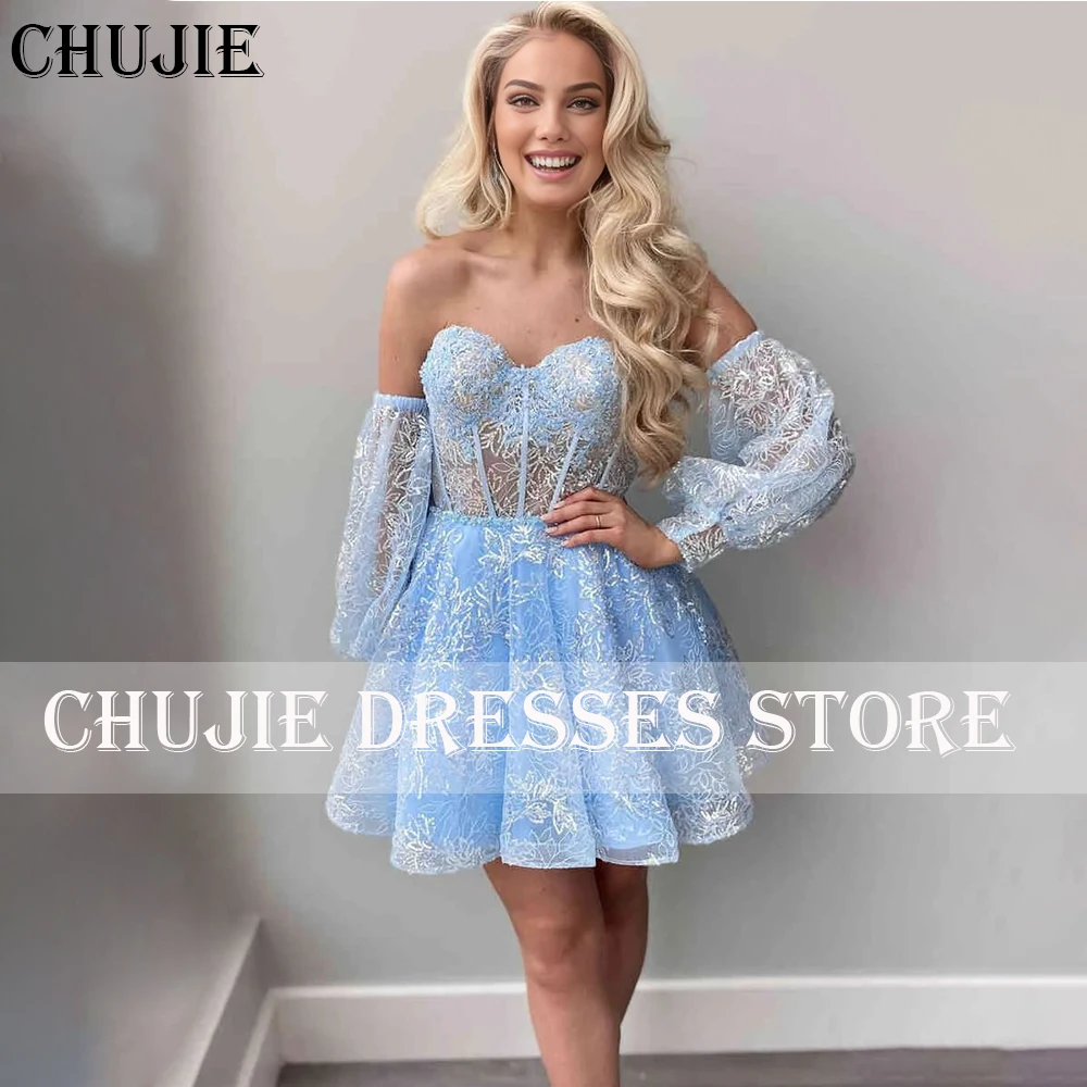 

Light Blue Puffy Sleeve Homecoming Dresses A Line Cocktail Dress vestidos graduación adolescentes Customized Evening Party Gow