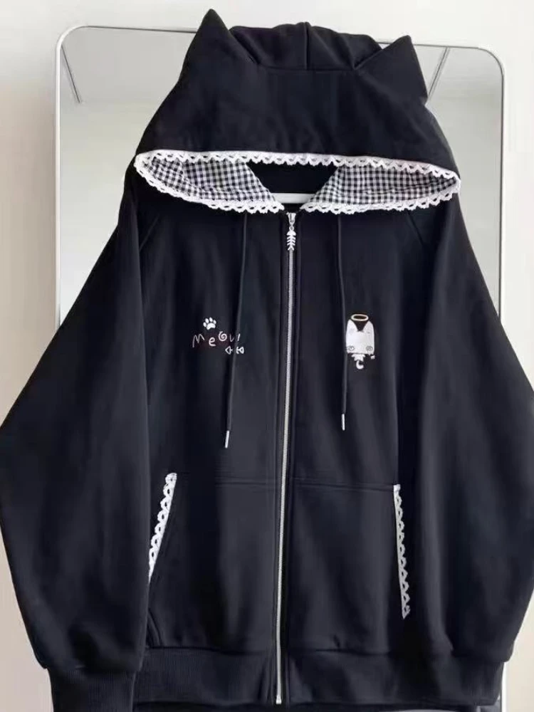 Subculture Black Cute Sweatshirts Coat Women\'s Clothing Stand Neck Zipper Jackets Y2k Tops Fashion Casual Hoodies Ropa Mujer
