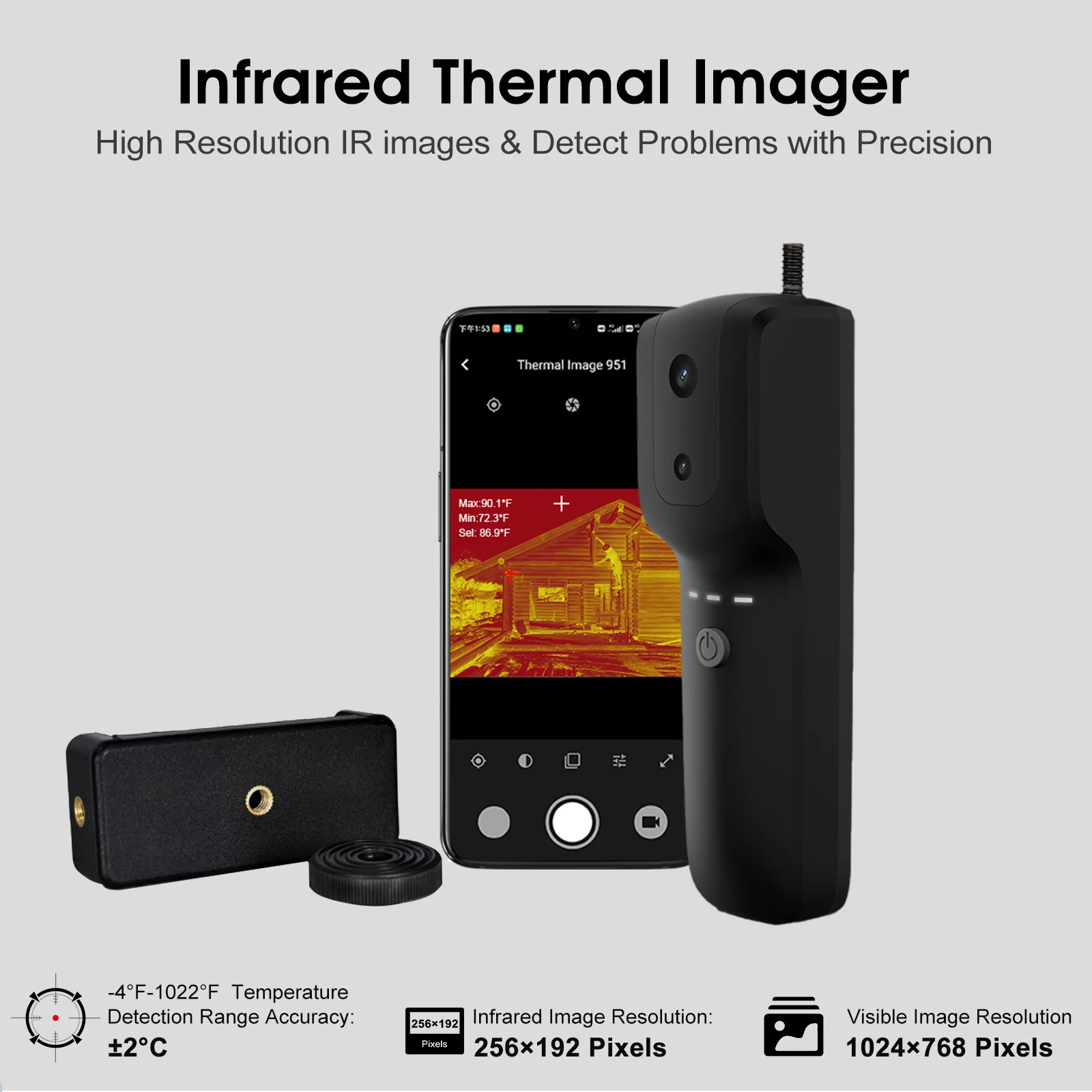 WiFi Thermal Imager Camera 256×192 IR Resolution 12fps 50mK Sensitivity for Android iPhone Temperature Detection