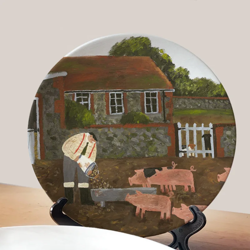 Gary Bunt Oil Painting Idyllic Ceramic Dish Hand-painted Country Old Man and Dog Decorative Hanging Plate Living Room Decoration