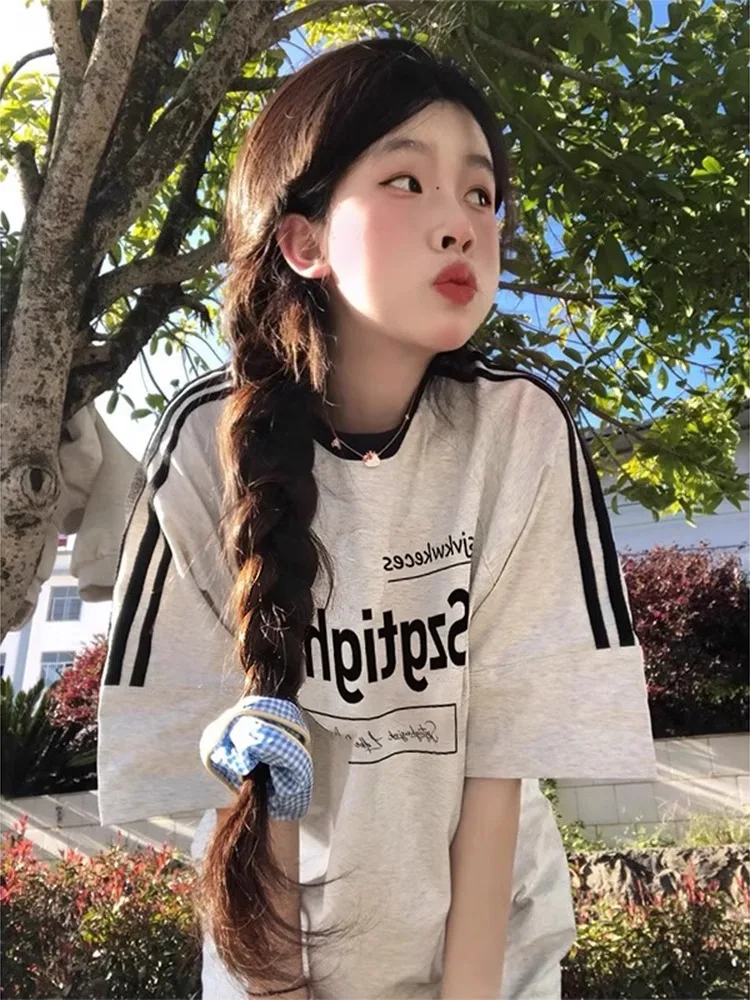 Cseta Fena de Aodão Puro Estilo Americano com Três tras Manga Curta Solta Estilo Preguiçoso Gola Redonda para o V...