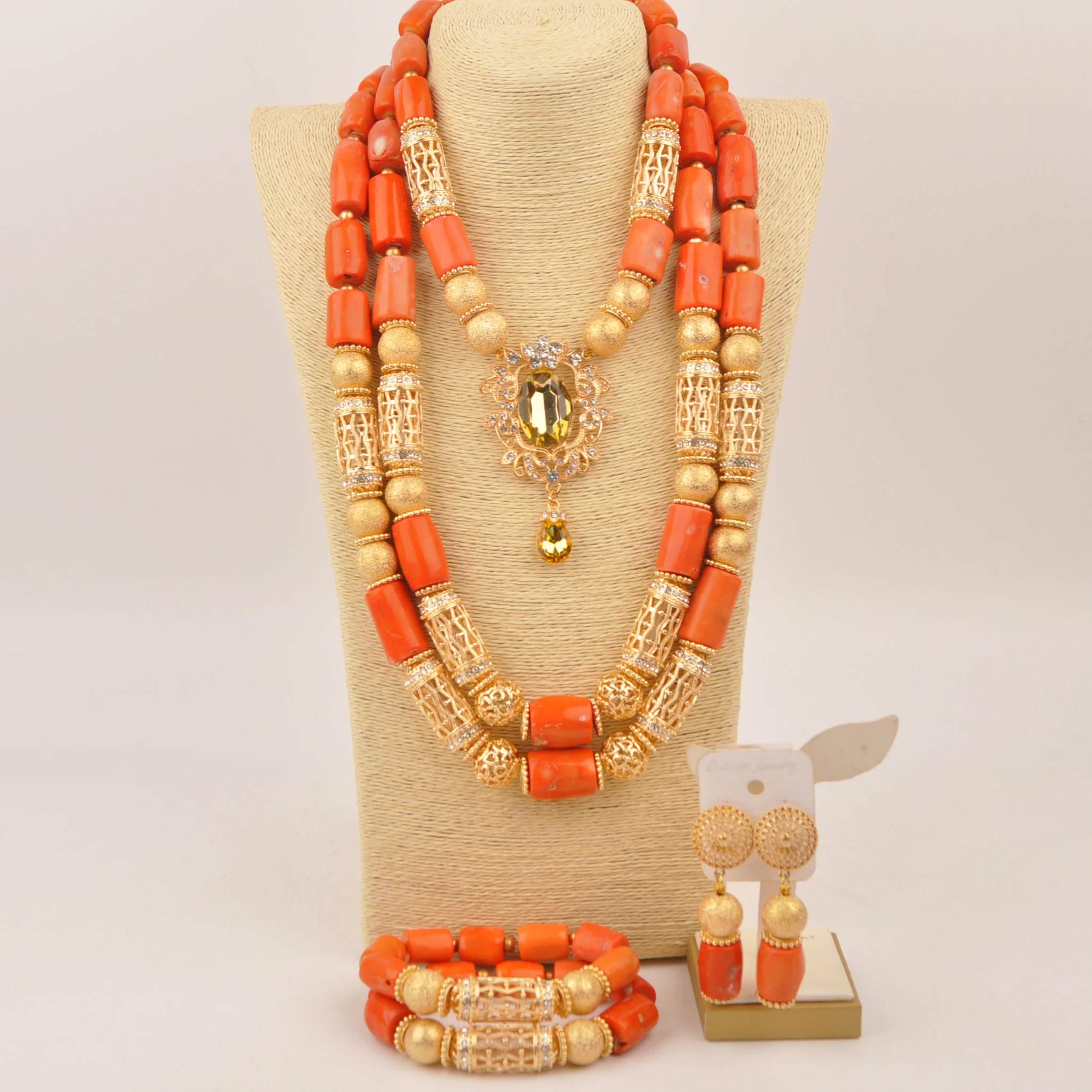 

Wedding jewelry Natural coral Orange necklace Africa Nigeria wedding jewelry set luxury