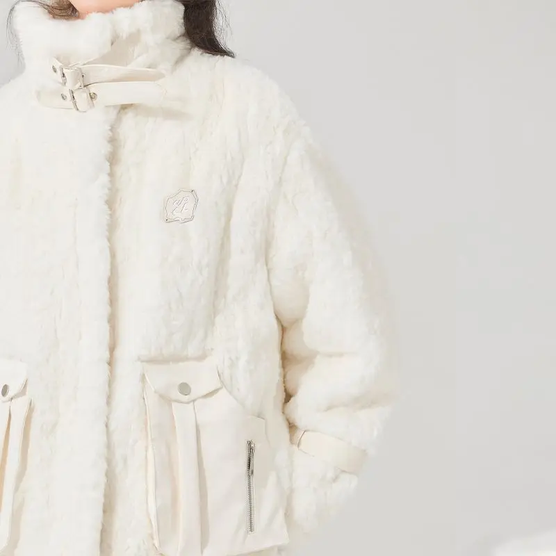 Lambswool Winter Plush Outerwear Thicken Warm Fashion Down Jacket Solid Color Coat  Zipper Mori Girl Fashion Streetwear