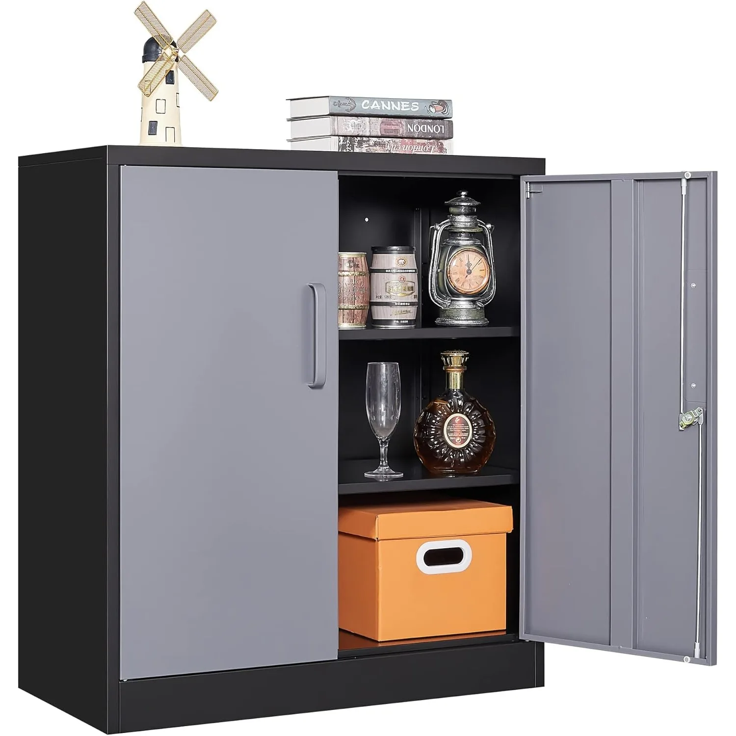 Metal Storage Cabinets w/ Lock Door and Shelves, Steel Garage Tool Cabinets for Home,Office, Warehouse,Lockers (36“-Black&Gray)