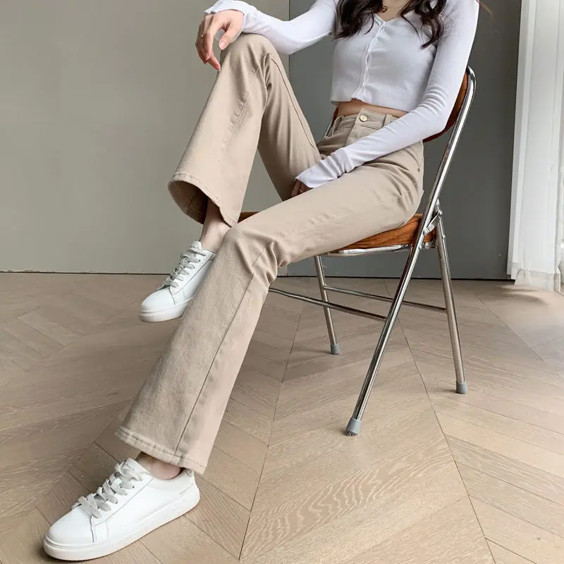 Retro Slim Fit Skinny Denim Pants for Women Khaki Flared Trousers High Waist Shot Womens Bell Bottom Jeans South Korea Unique A