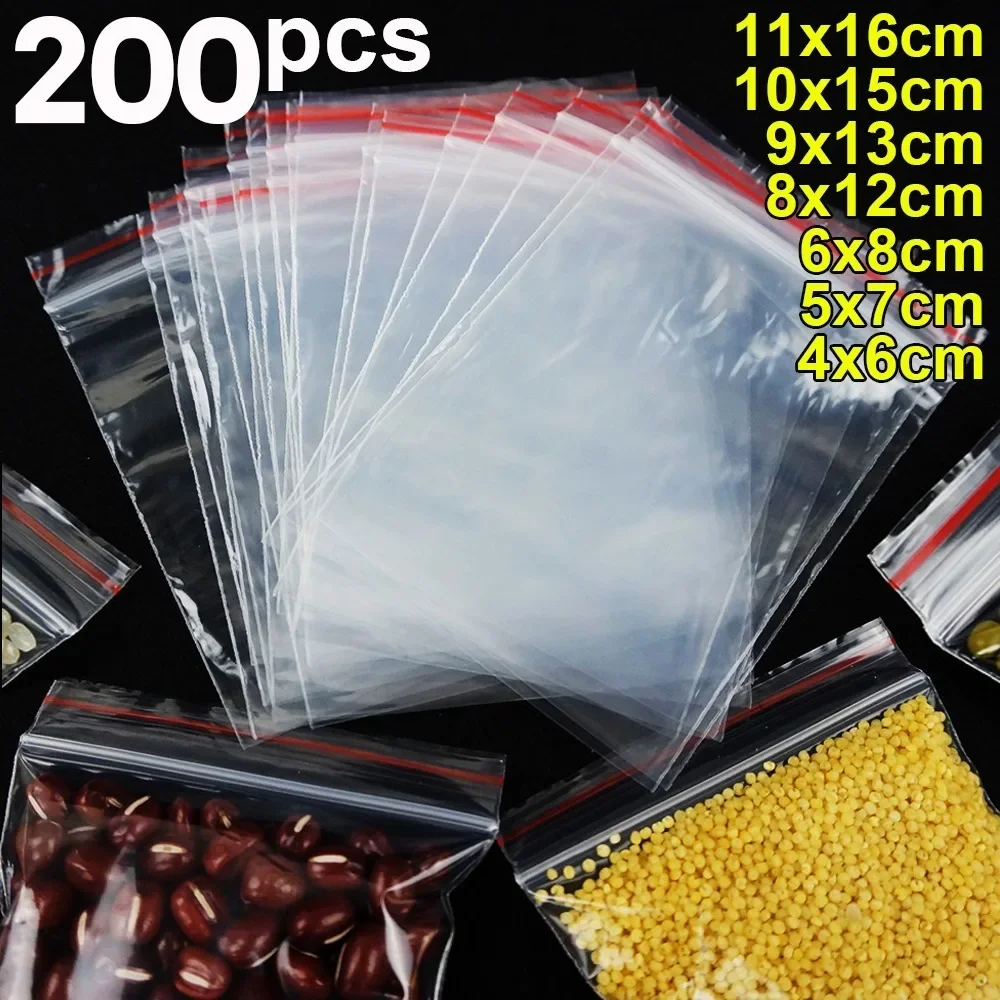 200/100Pcs Multi-Size Object Storage Bag Food Sealing Bag Resealable Transparent Plastic Bag Reclosable Vacuum Fresh Organizer