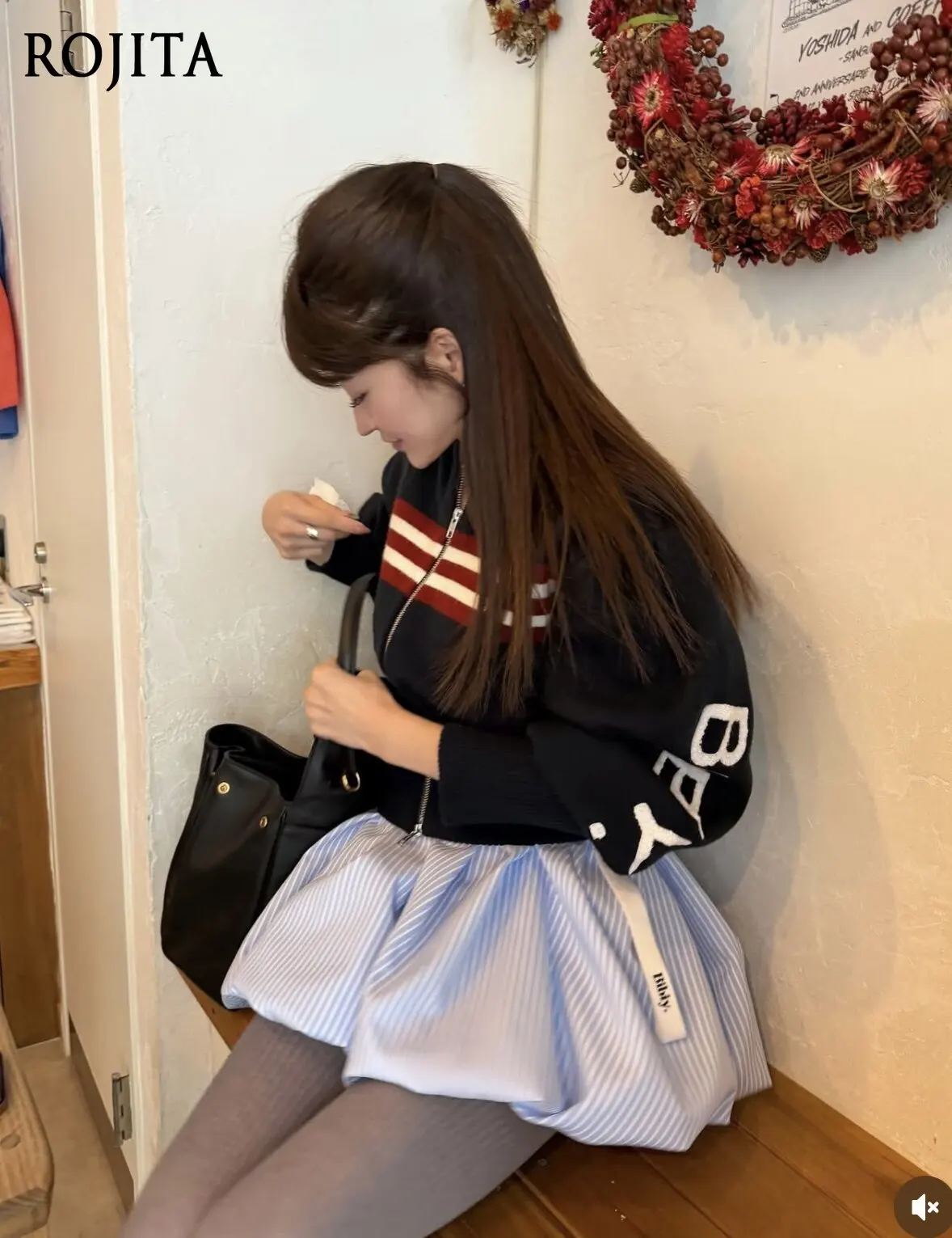 

British-style Zip-up Cardigan with Baseball Collar Puffed Long Sleeves Striped Letter Print Sweater Jacket Knitted Cardigan Tops