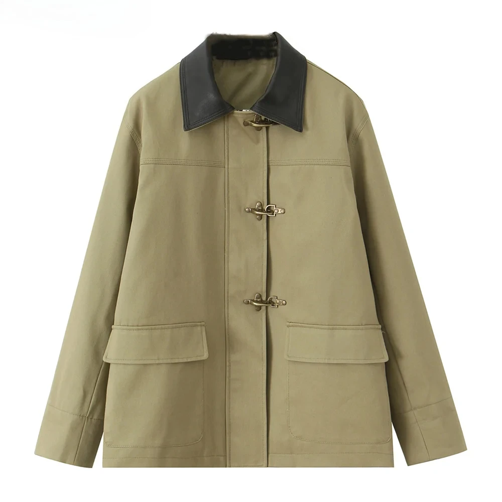 

2025 Autumn Women Khakigreen Spliced Faux Leather Lapel Safari Coat Front 2 Pockets Metal Buckle Buttons Jacket Loose Outerwear