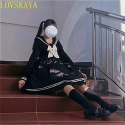 Bow splicing loose A-line fashionable knee length cute empire preparatory style Japanese full set black school uniform