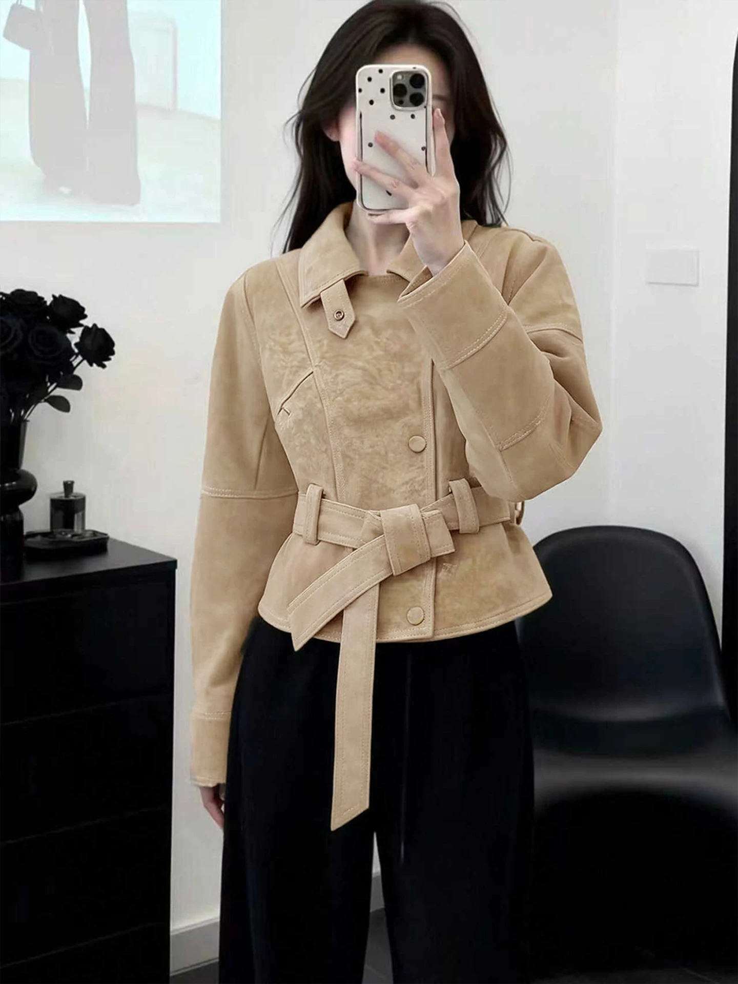 

Ретро-куртка в корейском стиле из замши с поясом, женская, весна 2026, новая коллекция, элегантный дизайн, верхняя одежда