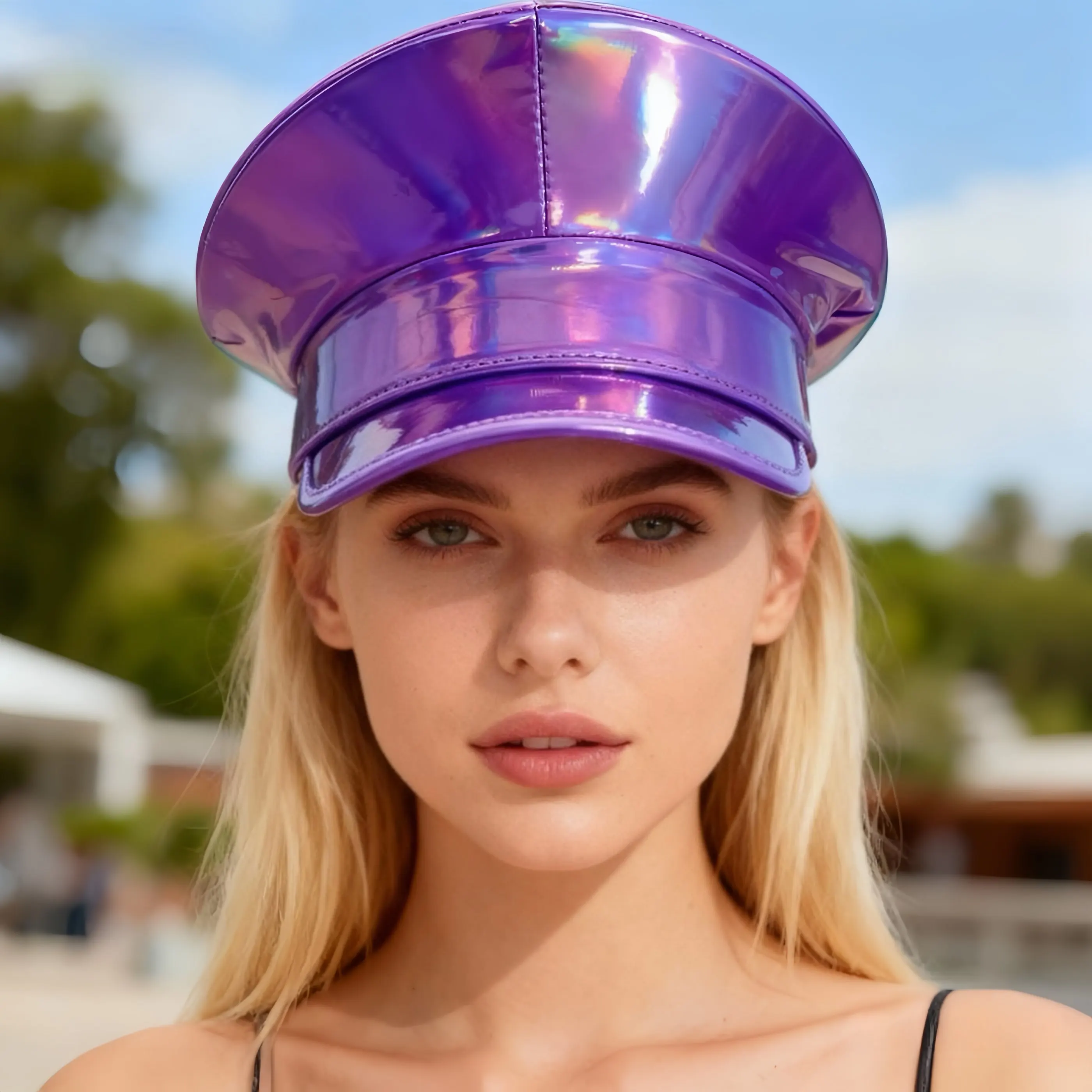 

HongLuan Laser Leather Captain Hat Rhinestone & Military Caps for Woman, Rave Festivals Accessories ＆ Party Cap Man Cosplay Fem