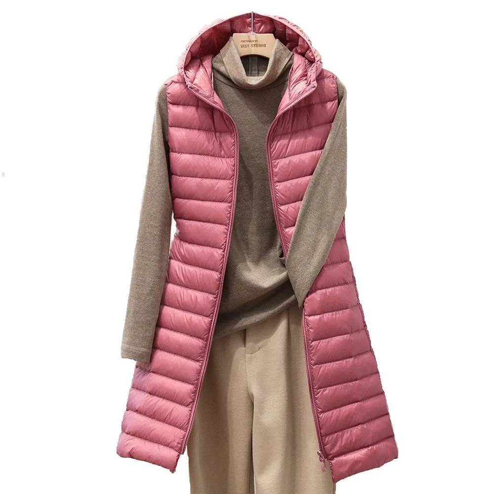 Dames style moyen et long couleur pure à capuche léger vers le bas coton gilet veste automne et hiver mince sans manches femmes Parkas gilet