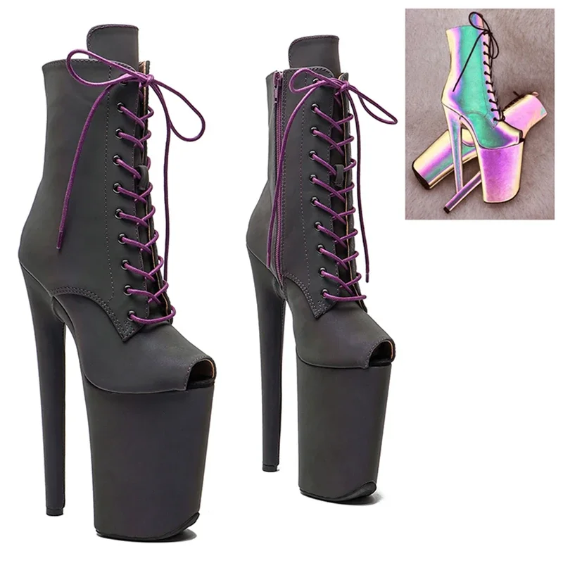 Leecabe  23CM/9inches  Reflective material  PU open toe   Pole dance shoes High Heels stripper heel Pole Dance boot