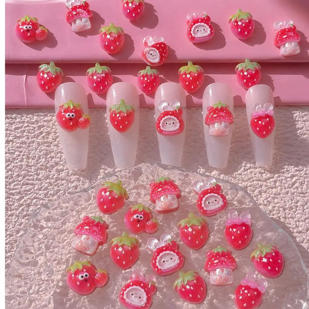 50Pcs Sweet Pink Strawberry Rabbit Nail Charms Cartoon Strawberry House Nails Decoration Bunny Ear Strawberry Manicure Accessory
