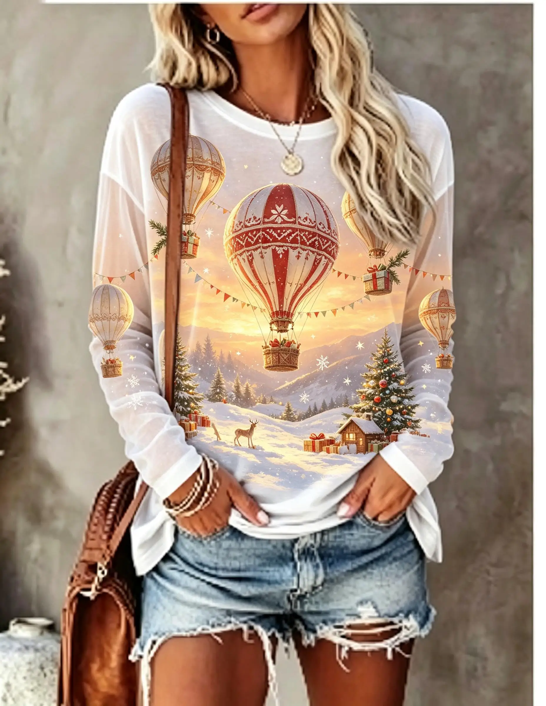 Women Long Sleeve T‑Shirt Boho Christmas Hot Air Balloon Snow Scene Xmas Tree Print Crew Neck Casual Tops