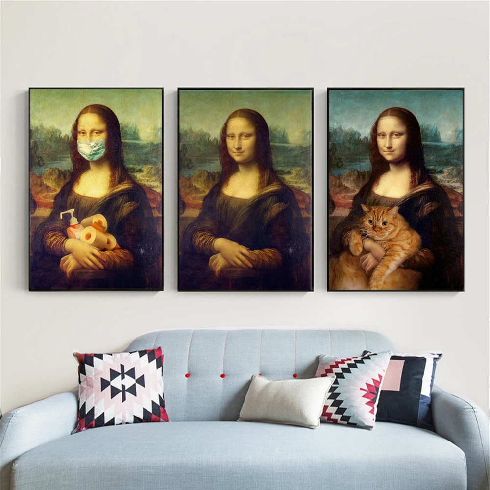 Funny Design Famous Art Poster Mona Lisa and Cat Prints Canvas Paintings Vintage Oil Painting Wall Art Bathroom Home Decoration