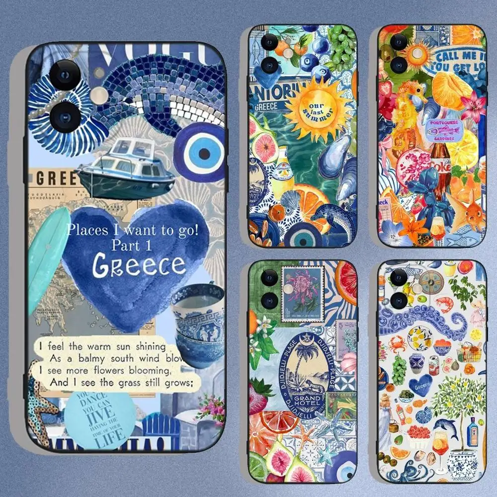 

Greece Summer Santorini Phone Case For iPhone 16e,16,15,14,13,12,11,XS,XR,X,8,7,Pro,Max,Plus,Mini Silicone Black Funda Shell
