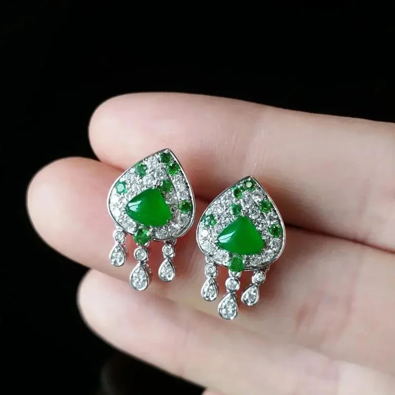 Natural Hetian Chalcedony Green Small Love Tassel Earrings for Women Chinese Style Delicate Ancient Charm Ladies Silver Jewelry