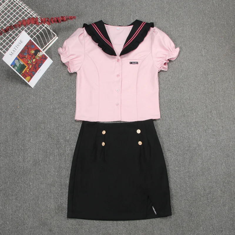 Japanese And Korean College Student JK Uniforms Institute Shirt + Short Skirt Suits Girl Hip Skirt  Cute Sweet School Dresses