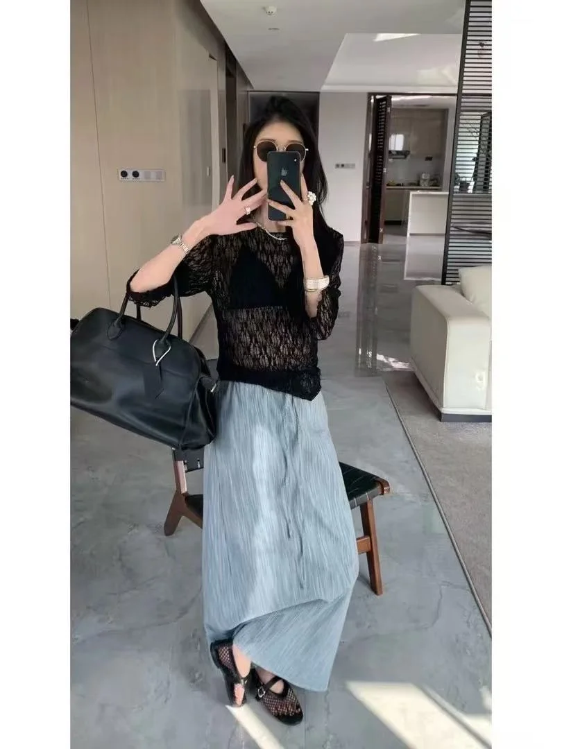 

Роскошная хлопково-льняная юбка А-силуэта с завышенной талией, прямого кроя, миди, для женщин, в корейском стиле, для повседневной носки