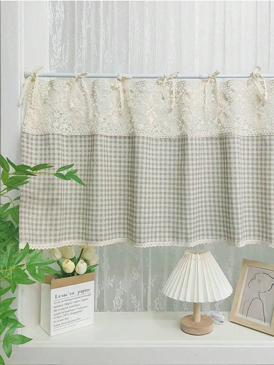 1pc Bohemian Hollow Crochet Tie-Up Woven Plaid Half Curtain, Suitable For Small Windows, Farmhouse Style Door Curtain, Kitchen