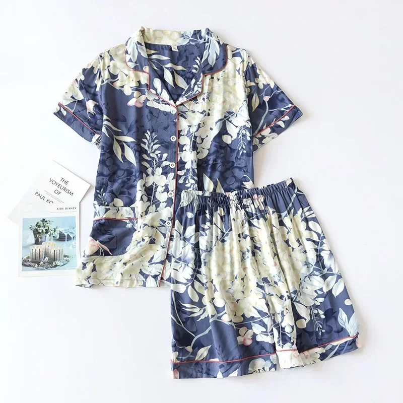 Mùa Hè Nữ Mới 100% Viscose Pyjama Set Ngắn Tay Quần Short Mỏng Phần Dịch Vụ Tận Nhà Rời Size Lớn Hai Mảnh bộ Plus Kích Thước