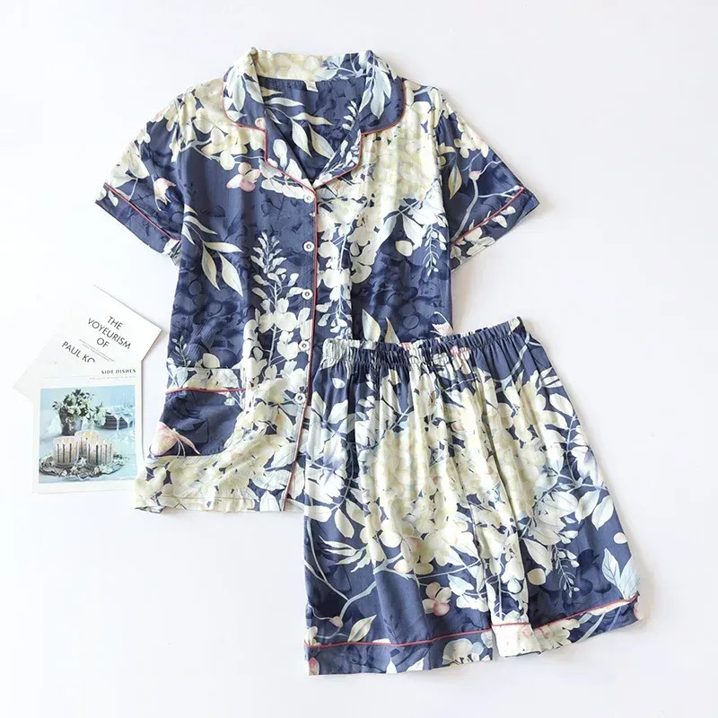  Summer new ladies 100%viscose pajama set short-sleeved shorts thin section home service loose large size two piece set plus size 