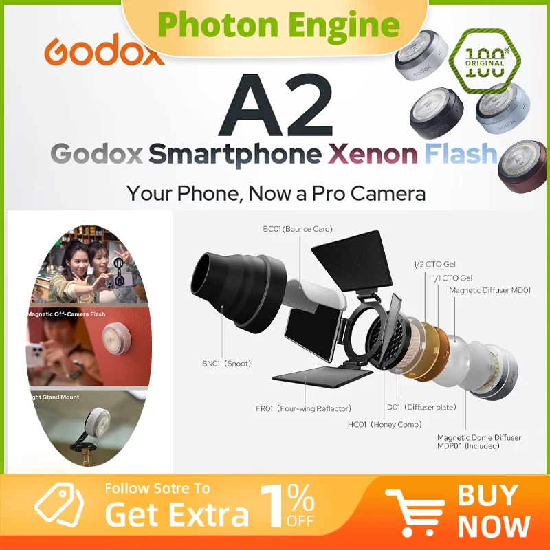 Godox Smartphone Xenon Flash A2 3W 2800K~6000K Support APP Operation, NFC Quick Connection, for iPhone Can Be Used with AK-R1