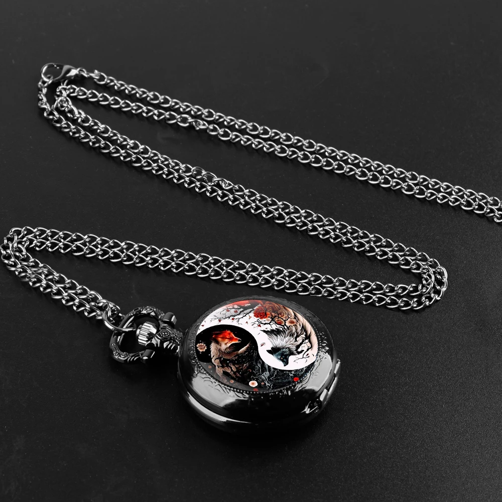 Retro Yin and Yang Wolf Fox Quartz Pocket Watch Necklace Clock Pendant Unique Hour Clock Vintage Fob Watches Jewerry Gift