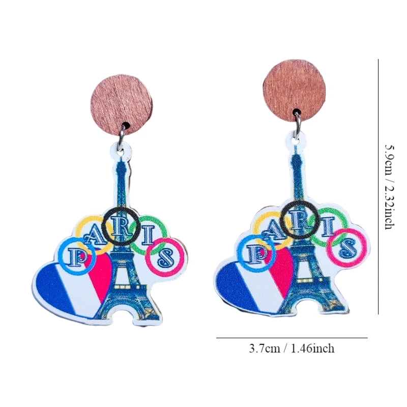 New French Sports Meeting Love Earrings French Flag Colorful Iconic Architecture Iron Tower Wooden Earrings Commemorative Gift