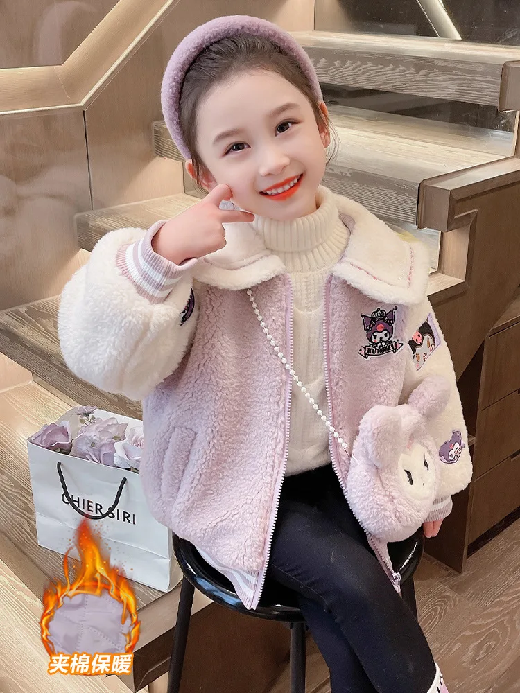 

Куртка из овечьей шерсти для девочек в темно-синем стиле Sanrio Kuromi, зима 2025 г., новый стиль, детский зимний стеганый шерстяной свитер для маленьких девочек
