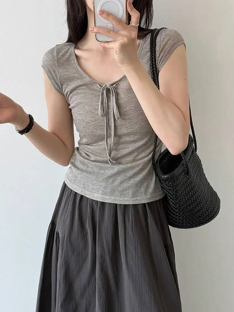 

Women Dark Purple Thin Bandage Knitting Slim T-shirt New Round Neck Short Sleeve Fashion Tide Spring Summer