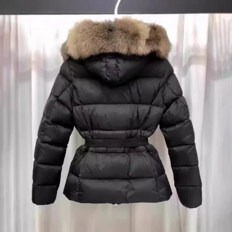 New winter style white duck down short down jacket high quality women's waist-cinching fox fur collar thickened hooded down coat