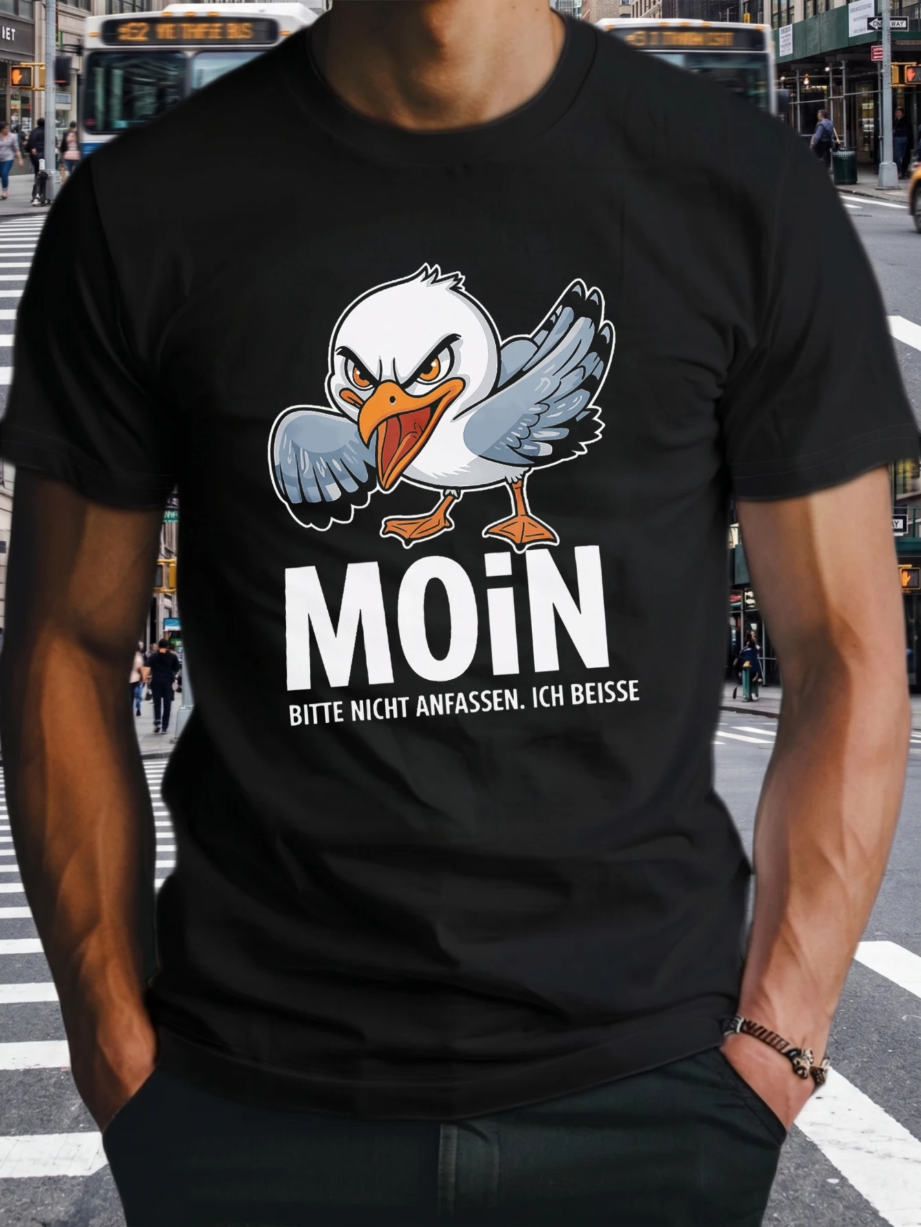 1 Stück 100% Baumwolle Unisex T-Shirt mit Aufdruck „Angry Seagull“ und der Aufschrift „Bitte Nicht Anfassen Ich Beisse“, O-Ausschnitt, kurze Ärmel, Plus Size, bequeme Freizeitkleidung,