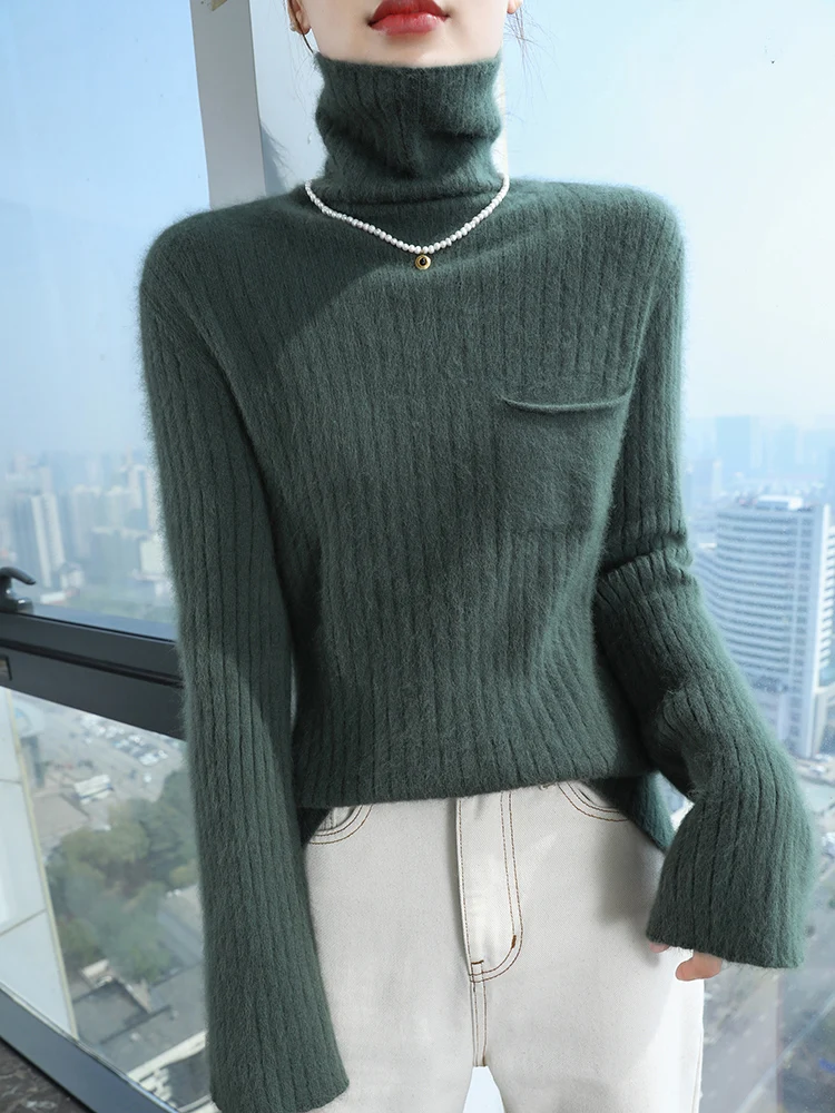 

TLOML Women's 100% Mink Cashmere Sweater Turtleneck Pocket Pullover Autumn Winter Basic Soft Warm Casual Cashmere Knitwear Tops