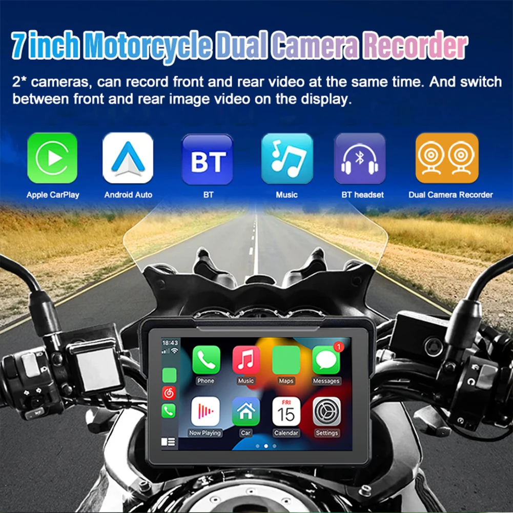 Portable 7 Inch Motorcycle Navigation GPS Wireless Apple Carplay Android Auto IPX7Waterproof Motorcycle BT Touch Screen Display