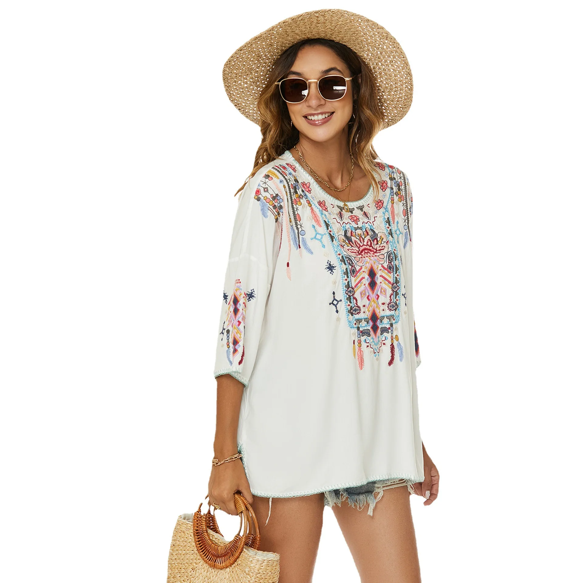 Mexican Embroidered Blouse Shirts for Women Boho Tops and Blouses 3/4 Sleeve Bohemian Peasant Loose Shirt Summer Fall Tunic Top