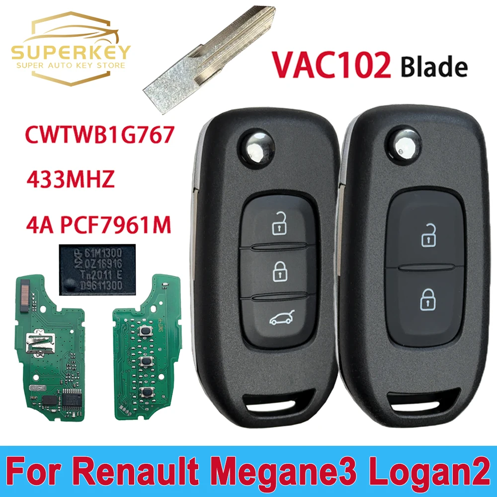 CWTWB1G767 For Renault Megane3 Logan2 Kadjar Symbol Dacia Duster Captur 433MHZ 4A Chip Flip Smart Car Key PCF7961M VAC102 Blade