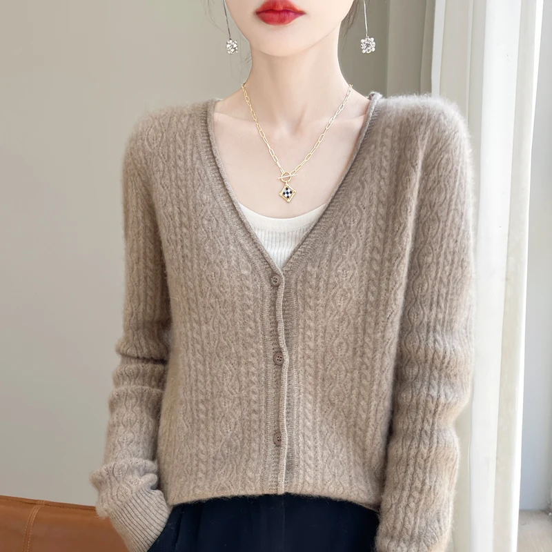 New V-neck 100% Merino wool cardigan Autumn/Winter hollow-out cashmere sweater Women\'s cardigan warm bottom knit shirt top