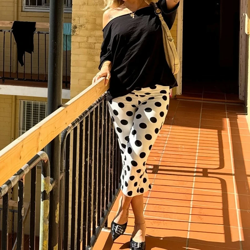 여성용 Y2K 빈티지 밴딩 로우라이즈 카프리 팬츠 슬림 바디콘 트라우저 도트 프린트 크롭 레깅스