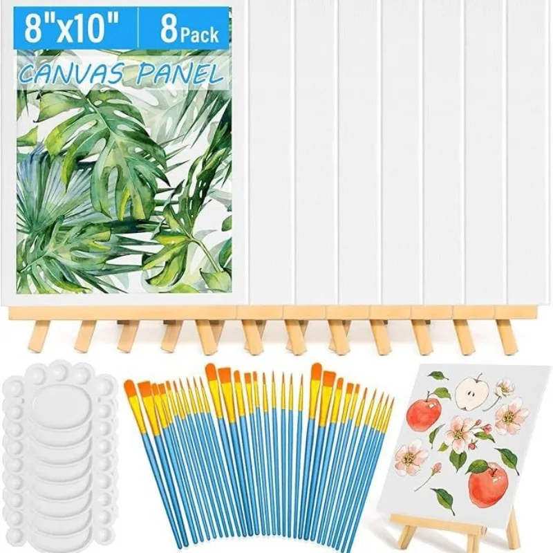 

54-Piece Canvas with Easel Set Canvas Board X8, Wooden Easel X8, Color Palette X8, Brushes X30